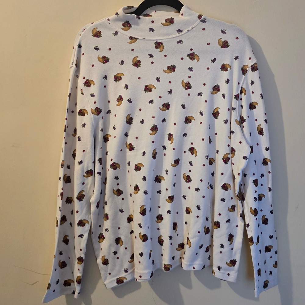 Cignal Womens 3X Mock Neck Top White Harvest Cornucopia Thanksgiving Long Sleeve